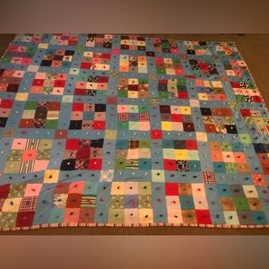 Vintage Colorful Quilt 99 X 82” Square Patches Multi Color Striped Edge Granny